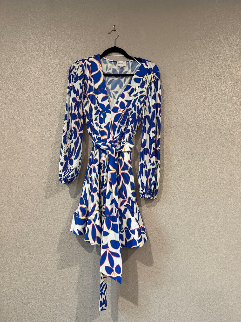 Milly Blue and White Floral Wrap Dress with Belt